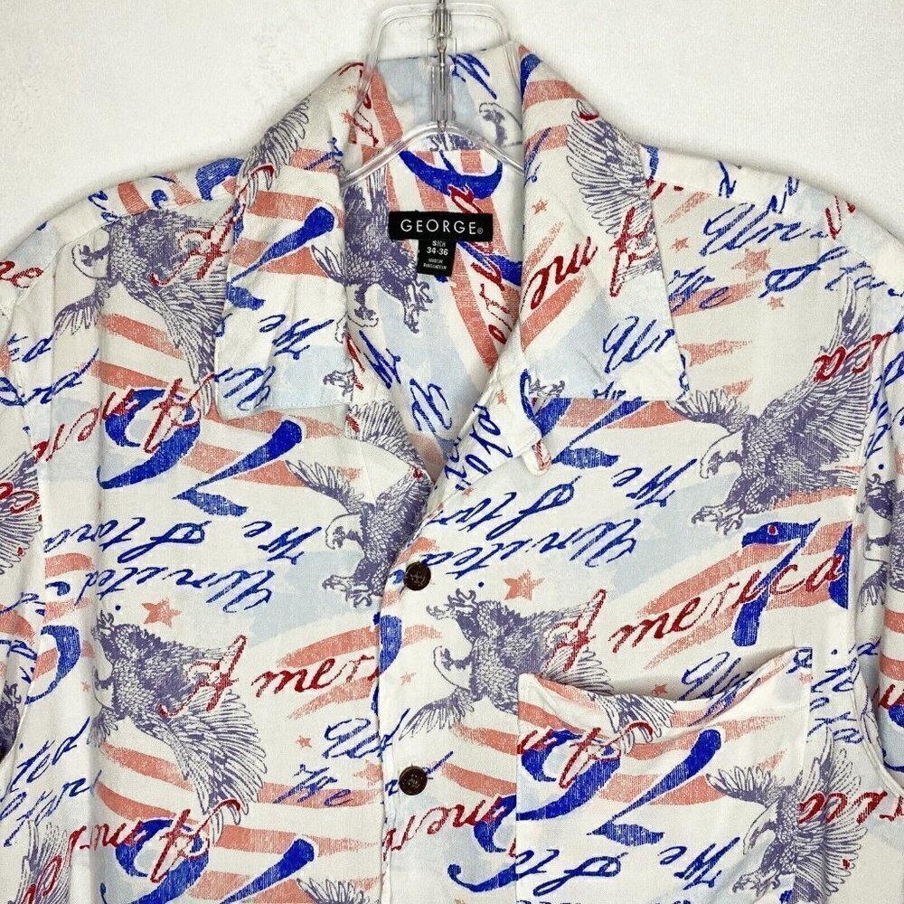 George Men Short Sleeve Button Down Shirt Sz S 34-36 100% Rayon America Theme